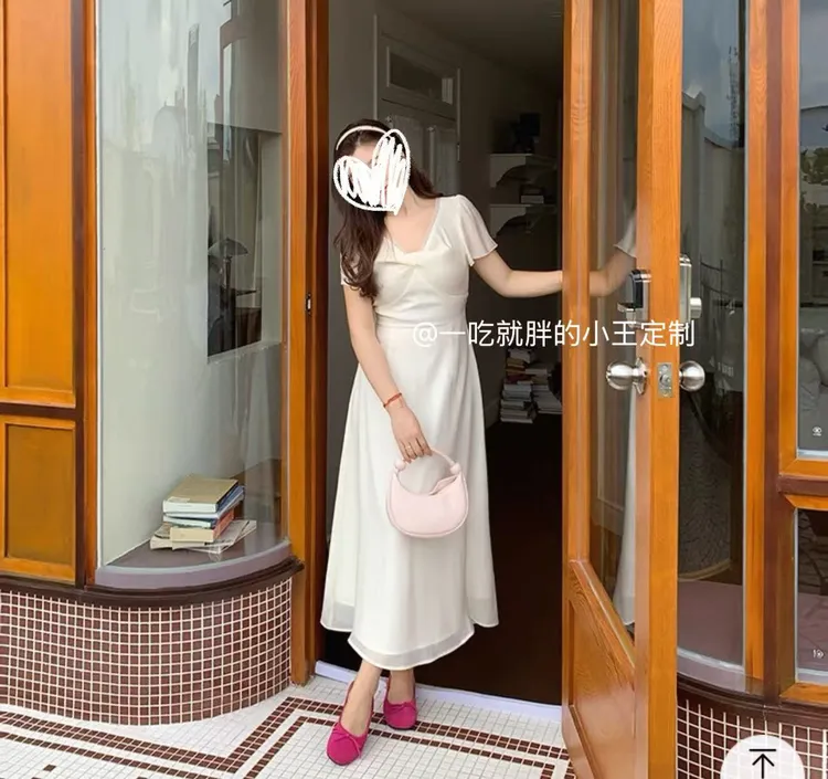 【小王家 】大码女装网纱扭结V领收腰连衣裙胖MM夏季显瘦气质连衣裙