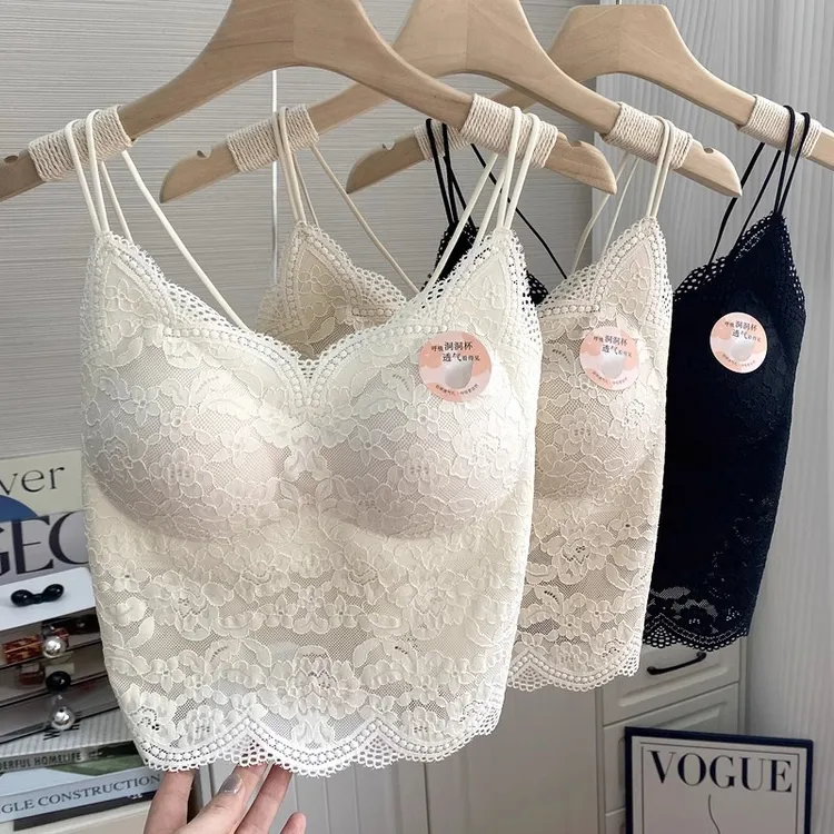 蕾丝孕妇美背内衣吊带女胸垫外穿一体式交叉细肩带美背吊带背心女