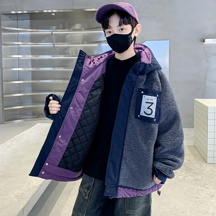 男童冬装撞色毛毛衣外套2025新款儿童连帽棉衣二夹棉秋冬上衣保暖