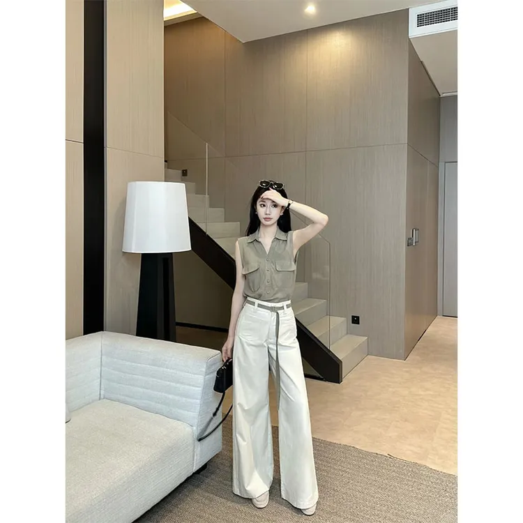 老钱风休闲百搭时尚气质设计感小众翻领无袖上衣高腰直筒裤套装女