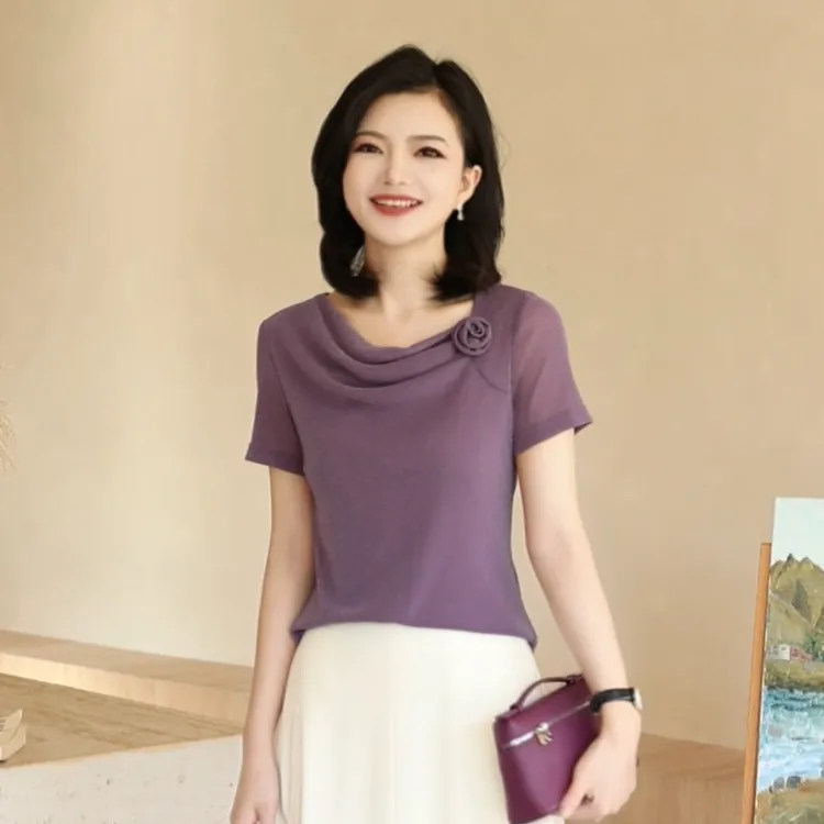 枫竺女装阿楠anan 气质荡领立体玫瑰花弹力短袖T恤女夏季纯色上衣
