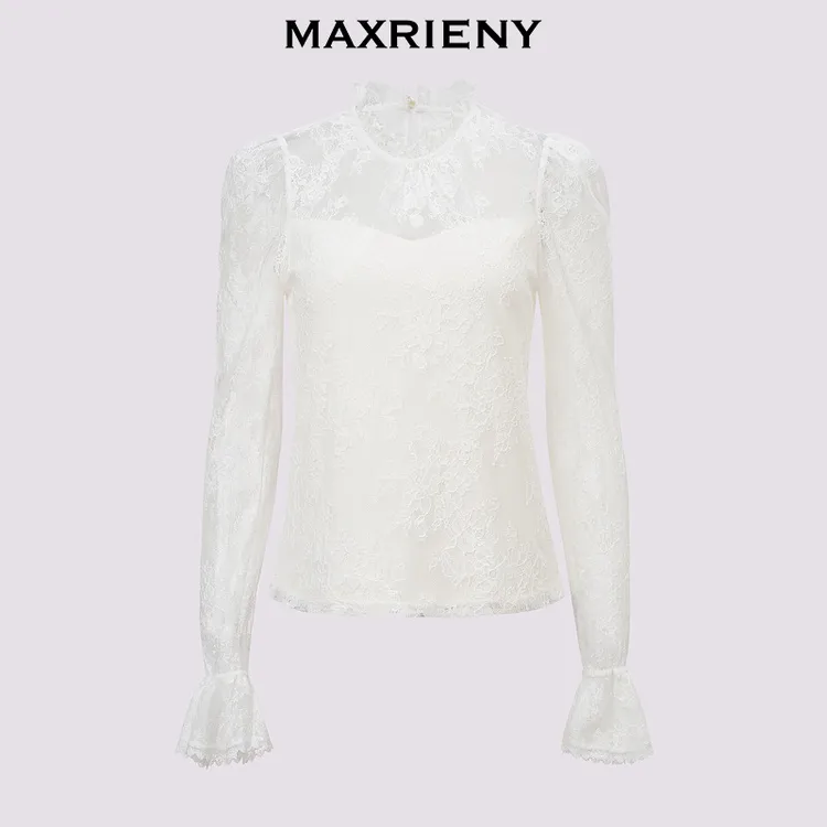 MAXRIENY玛克茜妮刺绣蕾丝雪纺衫气质长袖白色时尚MF85TP756A10