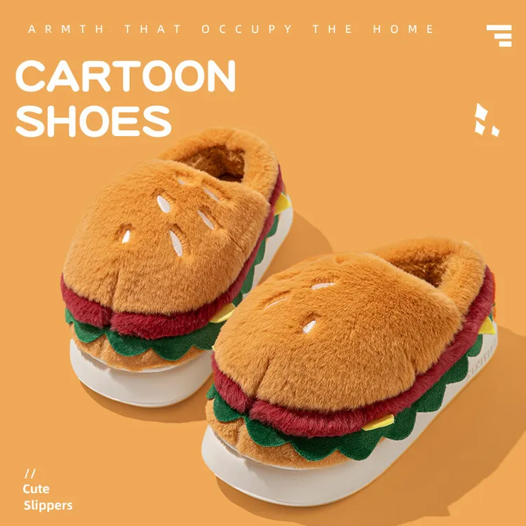 可爱汉堡居家棉拖鞋女士秋冬季加绒棉鞋女拖鞋男包头拖加厚鞋女鞋