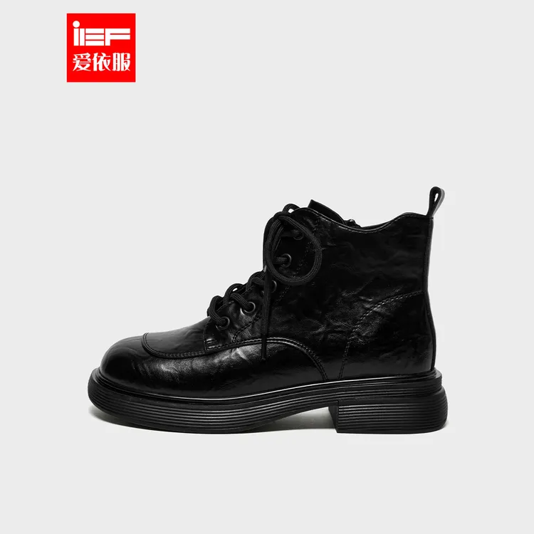 IEF/爱依服短靴2025秋冬新款英伦风绑带设计感通勤百搭平底马丁靴