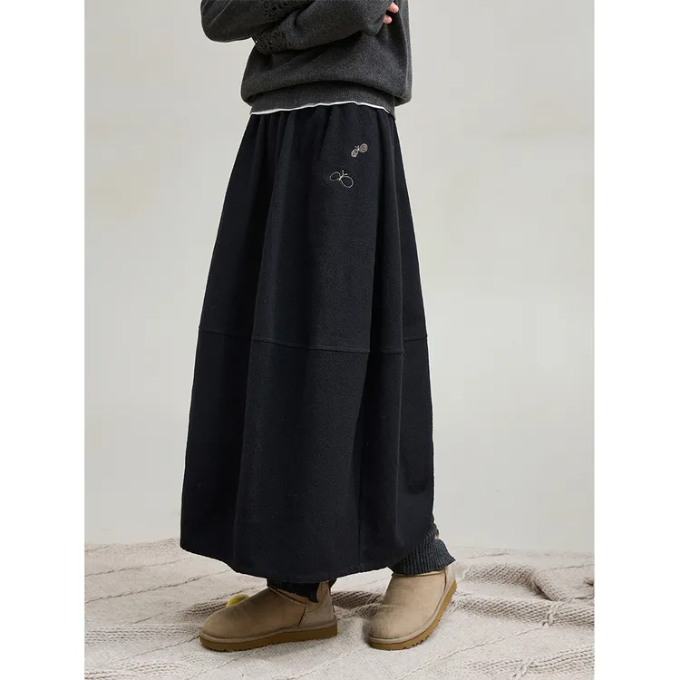 麻霖绵羊毛混纺肌理感撞色刺绣花苞茧型结构廓形松紧腰显瘦半身裙