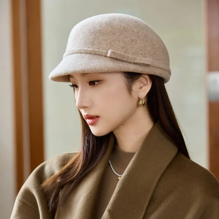帽子女秋冬季百搭羊毛呢马术帽高级感蝴蝶结保暖盆帽显脸小贝雷