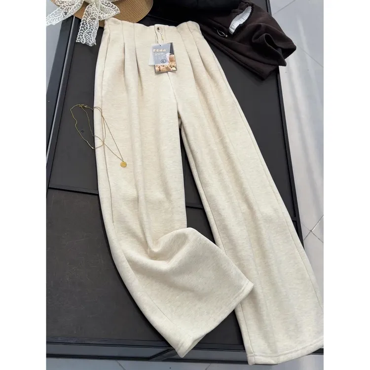 秋冬半松紧腰头压褶慵懒宽松高腰加绒阔腿裤百搭显瘦垂感休闲裤