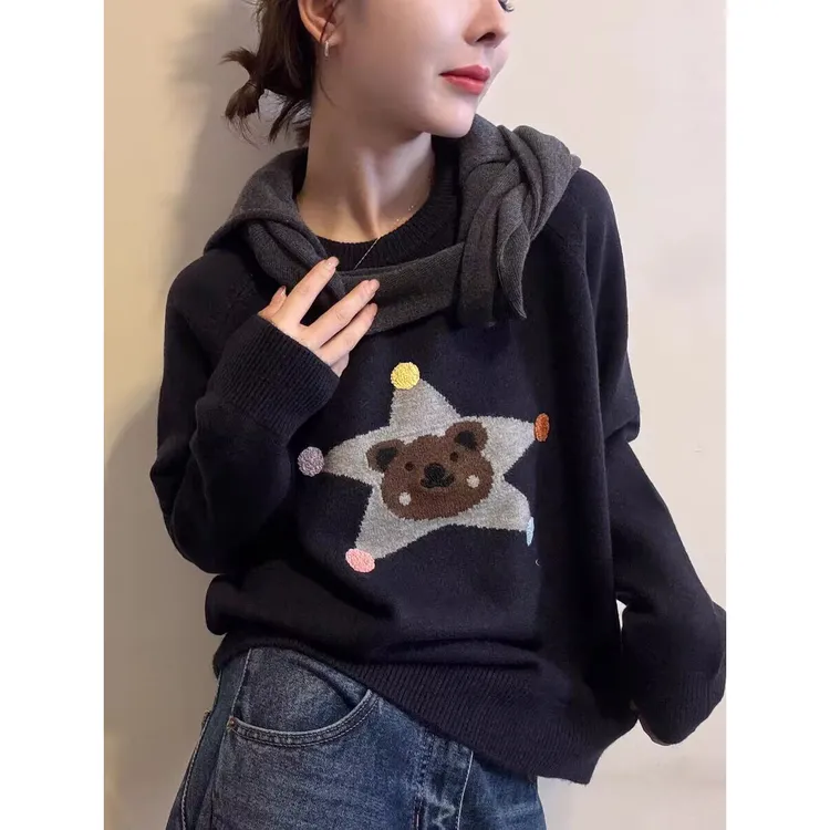 哥家阿玛家2025秋冬新款五角星小熊针织衫时尚打底衫潮休闲宽松女