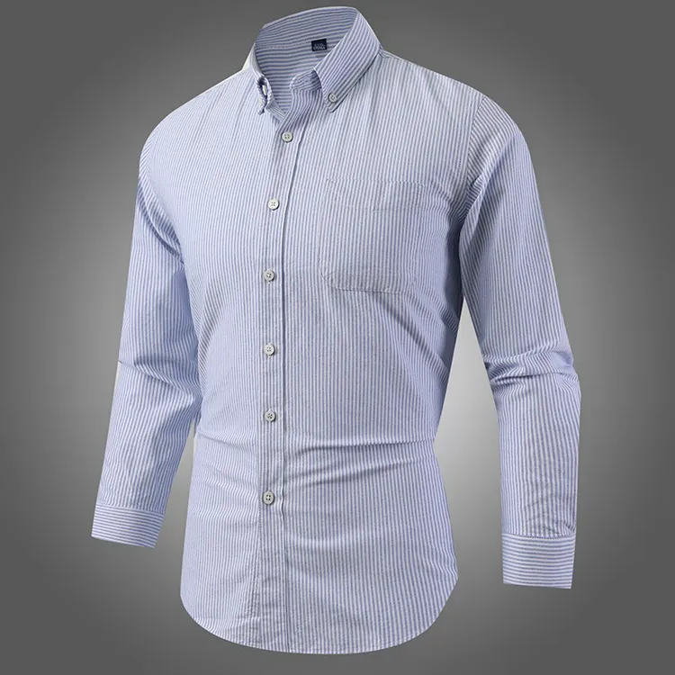 【100%纯棉】牛津纺衬衫男士商务上衣宽松帅气休闲条纹春秋长袖衬衣