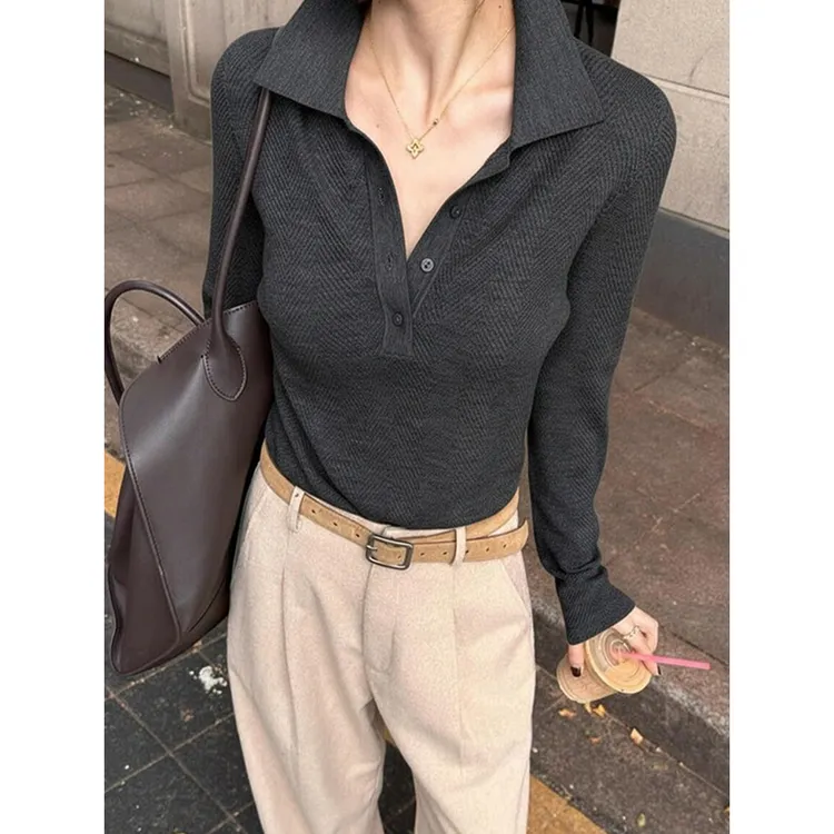 深灰色老钱风POLO领针织衫女秋冬肌理感气质高级感内搭打底衫上衣