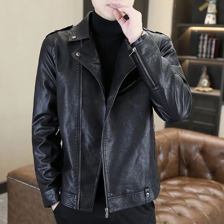 西装领皮衣外套男春秋款韩版潮流修身帅气机车冬款加绒男士皮夹克