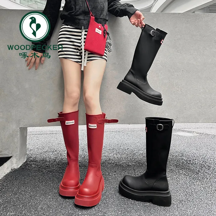啄木鸟厚底防滑高筒红色雨靴子2025户外露营雨鞋旅游长筒靴骑士靴