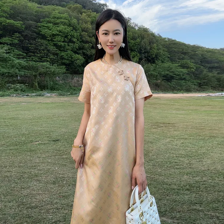 浒城古娘国风中式复古桑蚕丝夏香云纱短袖女百搭连衣裙WB2504594