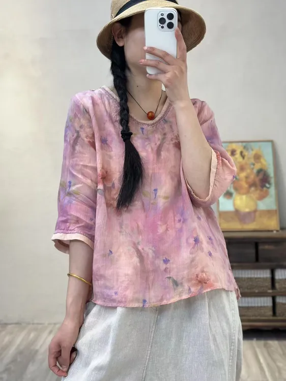 9329-夏季七分袖苎麻印染宽松透气新中式国风复古印花衬衫