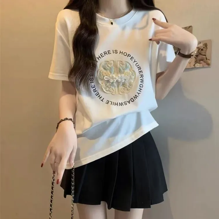 拉夏贝尔纯欲风辣妹修身显瘦短袖T恤女士夏季不规则套头圆领T恤