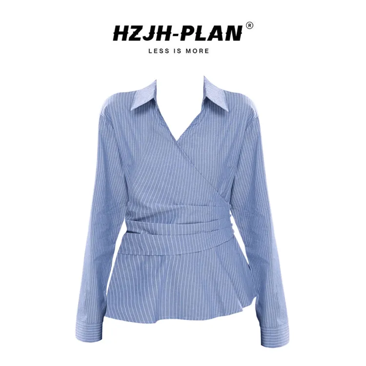 韩系侧边系带收腰交叉蓝色条纹衬衫女早秋新款设计感遮肉显瘦衬衣