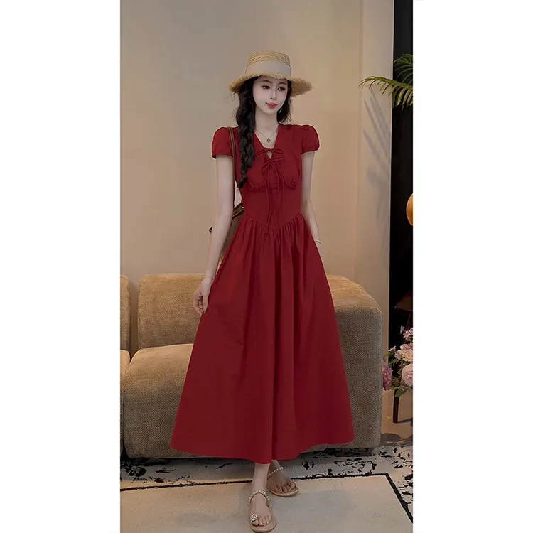 YUANLIANSU/圆脸酥【灯火流明】法式设计感气质V领收腰显瘦连衣裙女