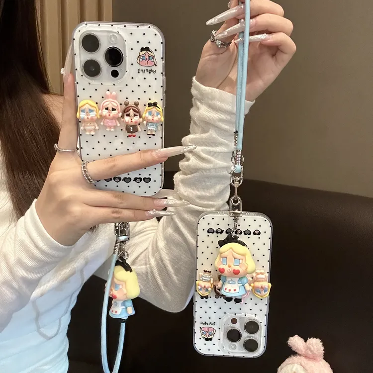 雅天立韩系波点哭娃适用苹果16/15挂绳手机壳华为P70vivo小米oppo