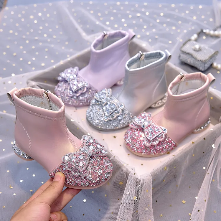 女童高跟短靴公主靴2025秋冬季新款女孩水晶靴子加绒保暖棉靴单靴
