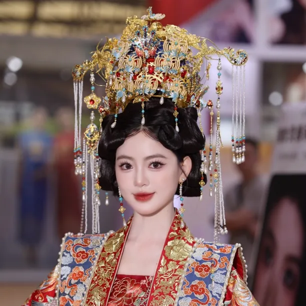 展会款SE-37 中式新娘汉服凤冠头饰新中式婚礼金色