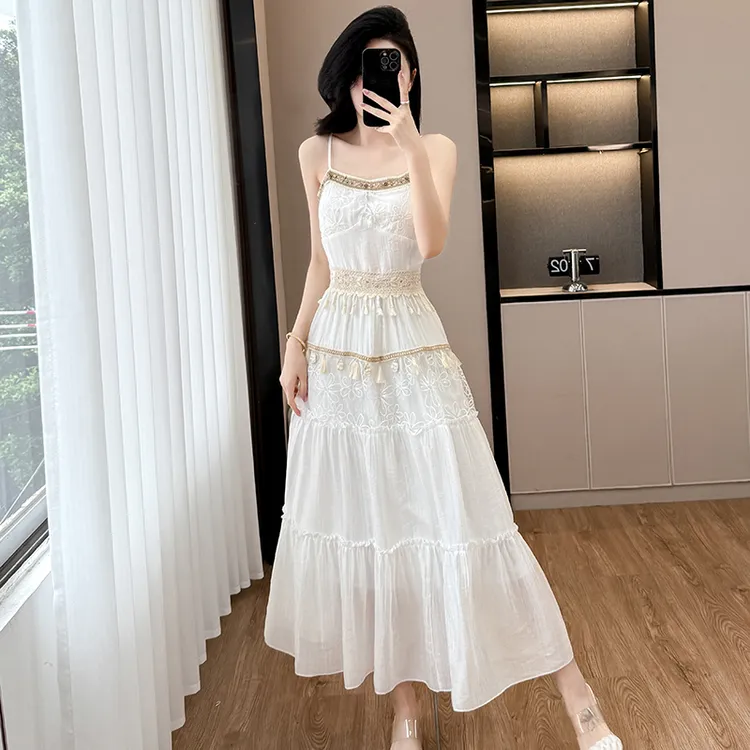 法式时尚度假吊带裙子套装夏女装民族风甜美设计感披肩长裙三件套