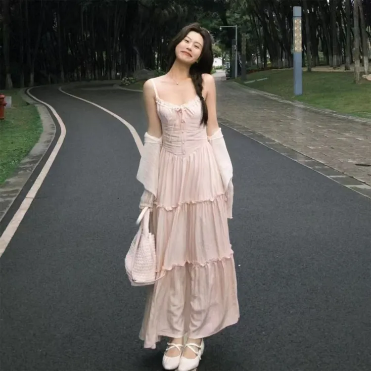 法式甜美粉色蕾丝吊带连衣裙套装夏季收腰防晒针织开衫度假长裙