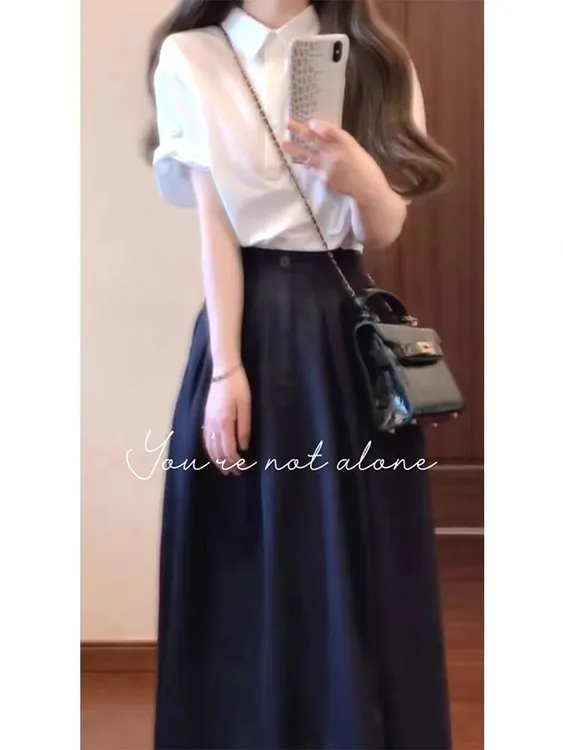 温柔风气质通勤日常穿搭套装夏季白色短袖衬衫黑色收腰半身裙女装