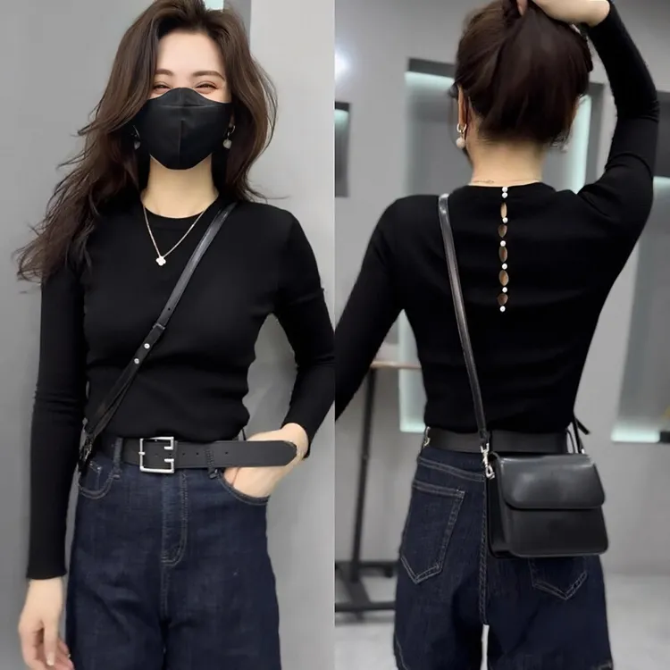 黑色后背镂空毛衣针织衫女秋冬季设计感修身显瘦气质内搭打底上衣