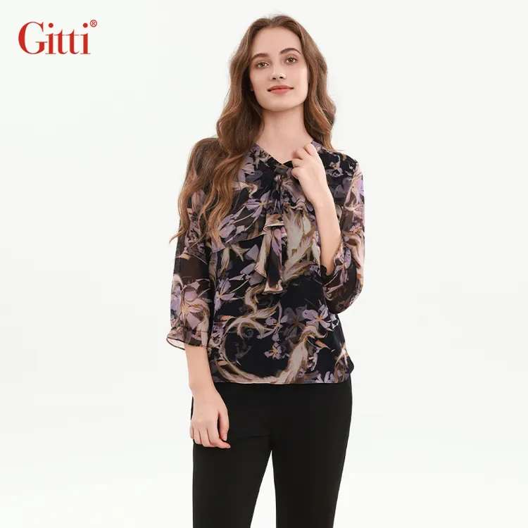 Gitti/吉蒂七分袖衬衫女法式优雅印花蝴蝶结V领休闲衬衣G255108