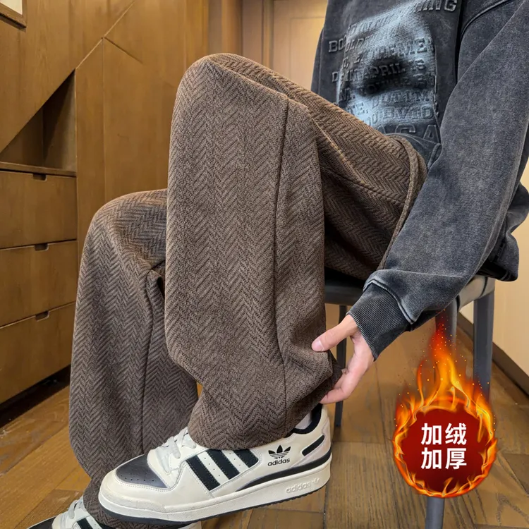 NINEDAO/玖岛冬季麦穗纹加厚学生直筒卫裤男士潮流百搭加绒休闲裤