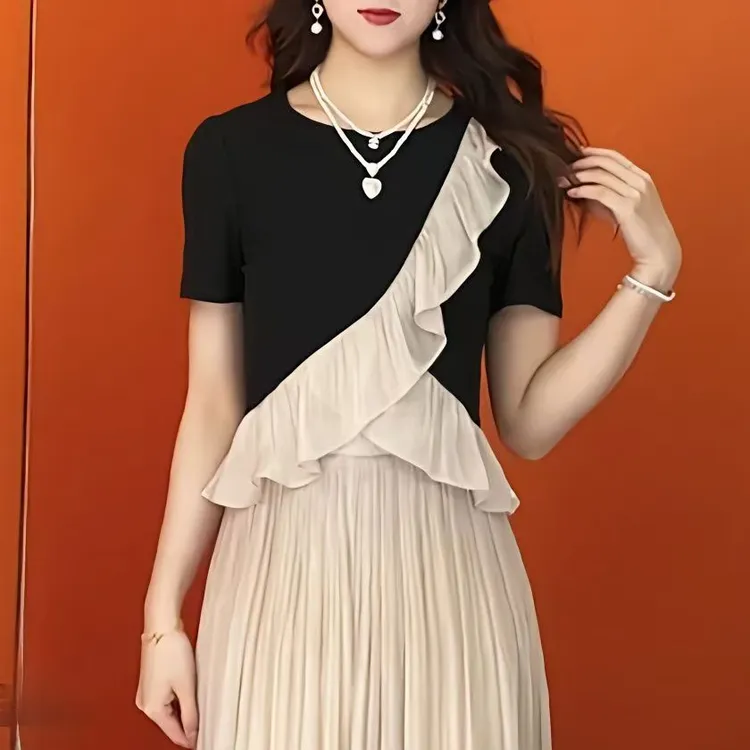 2025夏季高级感新款时尚洋气修身显瘦拼接花边减龄短袖t恤上衣女