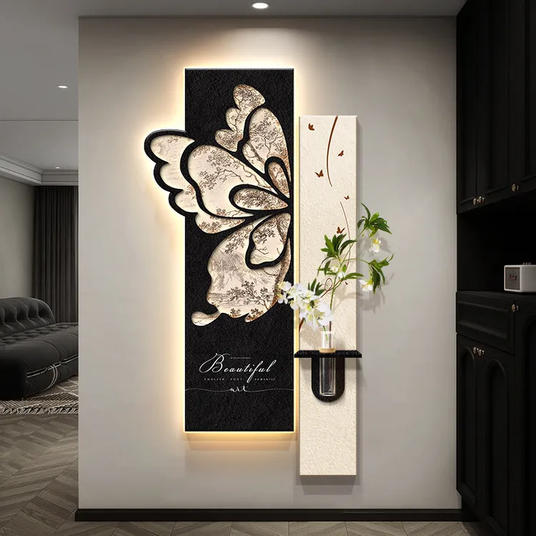 中古风玄关带灯装饰画2025新款走廊尽头挂画入户正对门高级感壁画