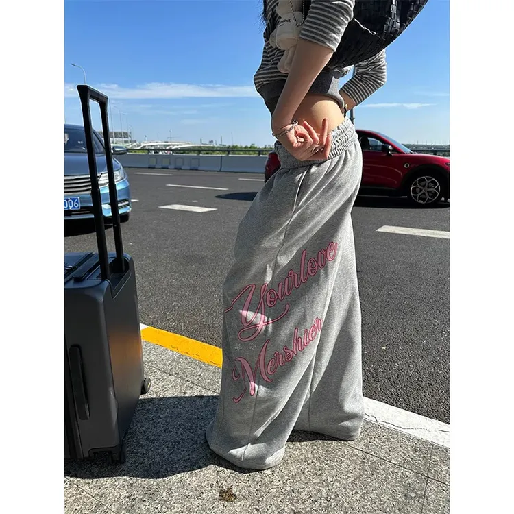 美式慵懒风字母印花阔腿休闲裤女春秋宽松垂感直筒百搭运动卫裤