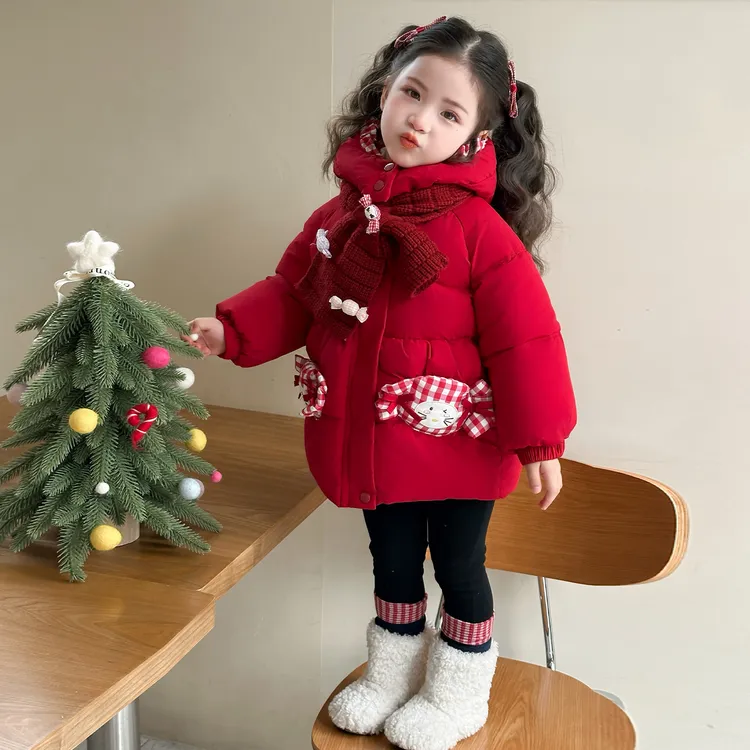 女童棉衣加绒冬季时髦洋气女宝加厚红色棉服2025新款儿童加厚外套