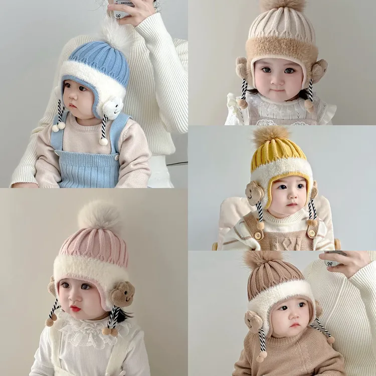婴儿帽子秋冬季婴幼儿针织帽儿童护耳帽男女宝宝外出加厚毛线帽冬