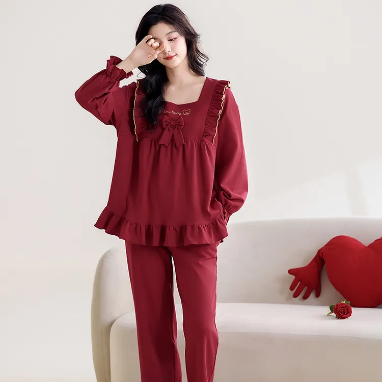 【单套装】本命年属马红色女士睡衣春秋季纯棉方领甜美公主风家居服