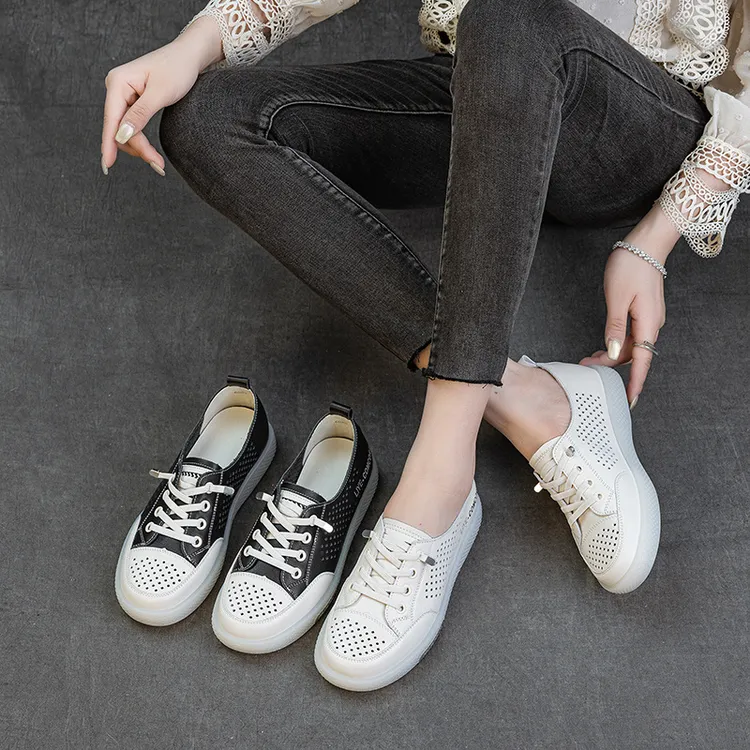 头层牛皮镂空透气小白鞋女新款软底单鞋休闲鞋一脚蹬平底板鞋