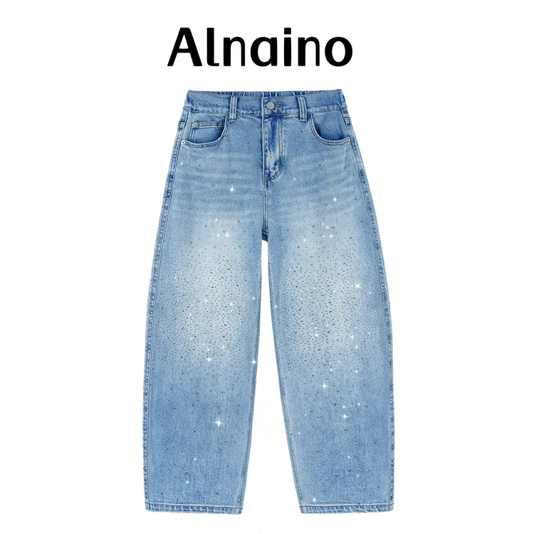 【Alnainu爱奈奴】大码女装时尚烫钻牛仔裤胖mm宽松显瘦弹力弯刀裤商品图