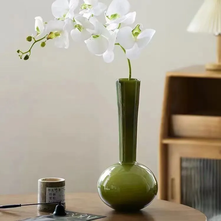 法式中古长颈玻璃花瓶橄榄绿高级感客厅装饰水培蝴蝶兰插花花器