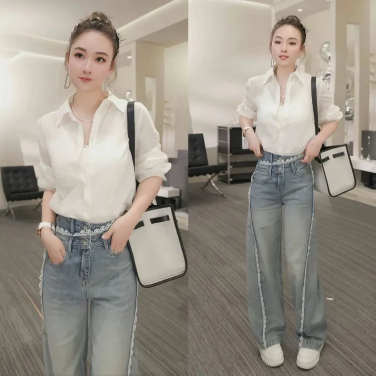 轻奢气场强大女装2025春季休闲长袖衬衣蕾丝拼接牛仔裤洋气衣服女