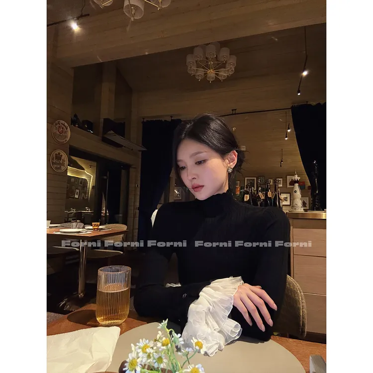 FORNI 浪漫满屋 可脱卸荷叶袖半高领针织上衣