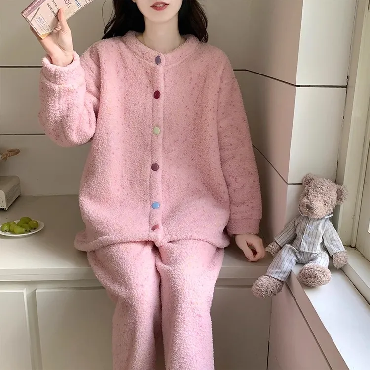 半边绒睡衣女款秋冬季加厚保暖珊瑚绒新款彩色纽扣韩系家居服套装