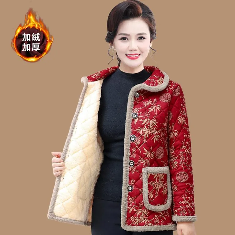 中老年女冬季棉衣洋气新款加绒妈妈花色棉服奶奶外套加厚保暖棉袄
