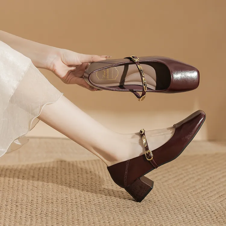 法式方头粗跟通勤百搭小金条工作鞋玛丽珍宽胖脚显瘦约会年会单鞋