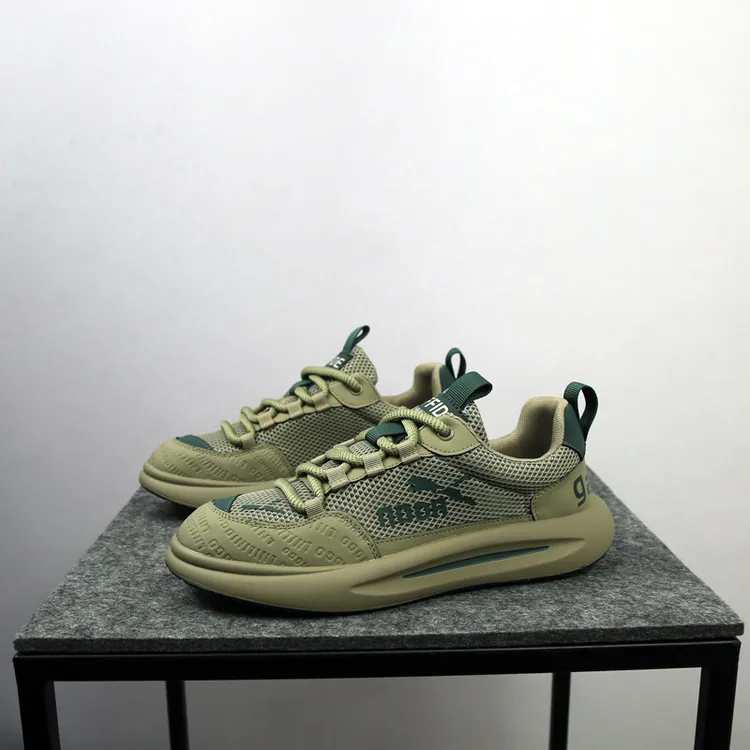 拼色系带素面厚底透气时尚休闲鞋健步鞋沙丘废土风网面男士轻便