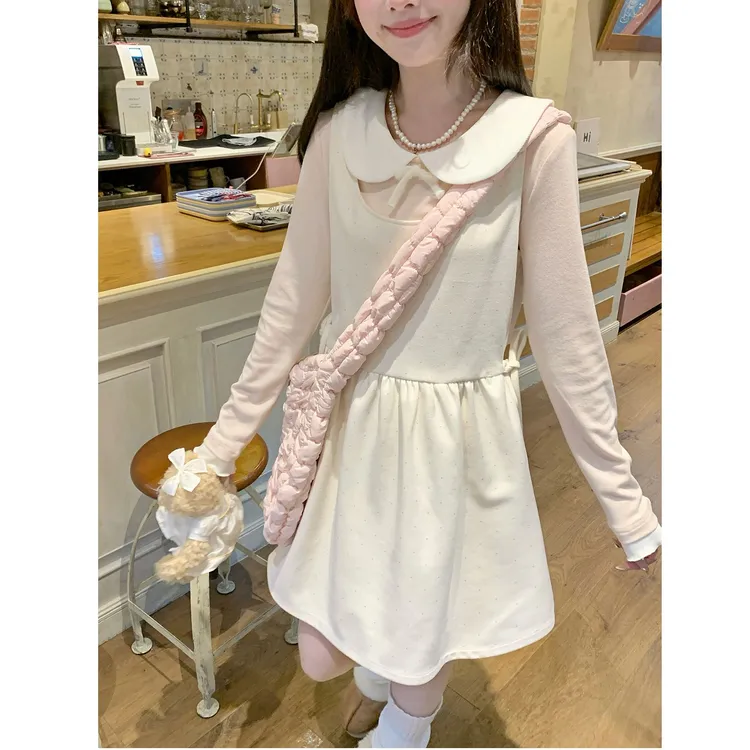 2025秋冬娃娃领上衣+波点小个子女蝴蝶结毛呢背带裙气质套装
