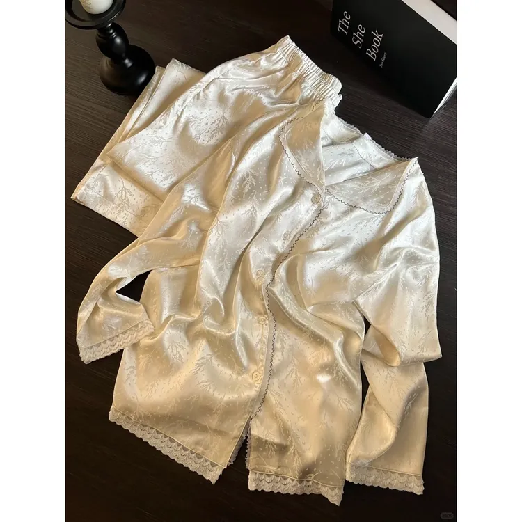 法式轻奢气质蕾丝花边冰丝睡衣女夏季新款宽松长袖长裤套装家居服