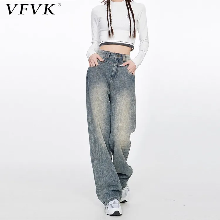 vfvk星空纹浅色直筒牛仔裤女2025新款美式宽松显瘦阔腿小个子裤子