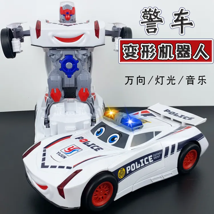 儿童电动变形警车机器人玩具新款带灯光音乐万向行驶自动变形汽车