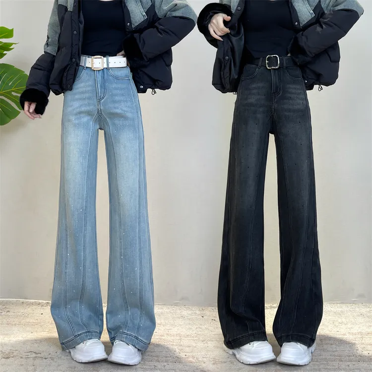 迪否直筒微喇叭牛仔裤女冬季加厚绒2025新款烫钻高腰窄版阔腿裤子